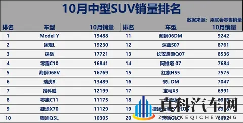有点惨！10月中型SUV销量榜：Model Y险胜，昂科威、零跑C11破万！-1