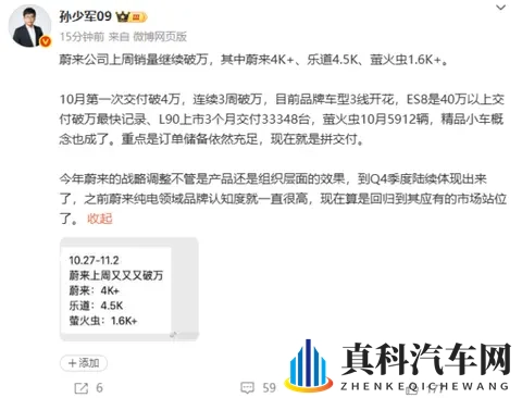 蔚来上周汽车销量数据：蔚来破4500台 乐道约4500台-2