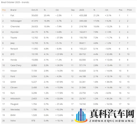 十月，巴西车市微降05%，比亚迪、奇瑞进前十，长城第13！-2